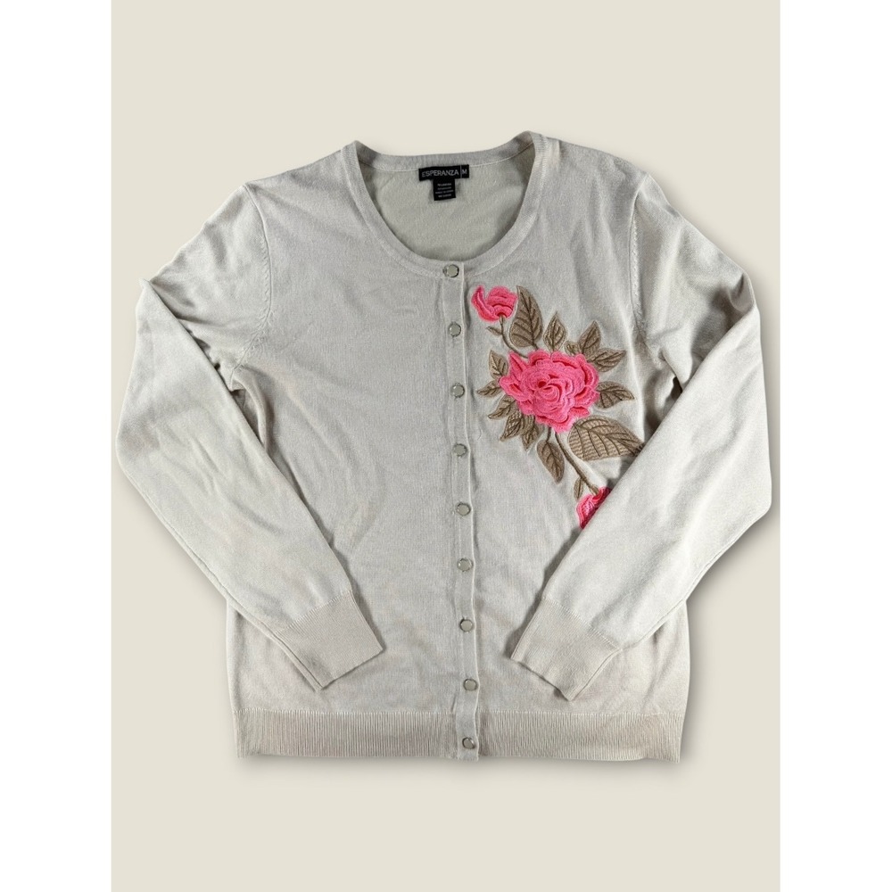 Esperanza M Womens Oatmeal Beige Pink Floral Embroidered Cardigan Sweater Size M